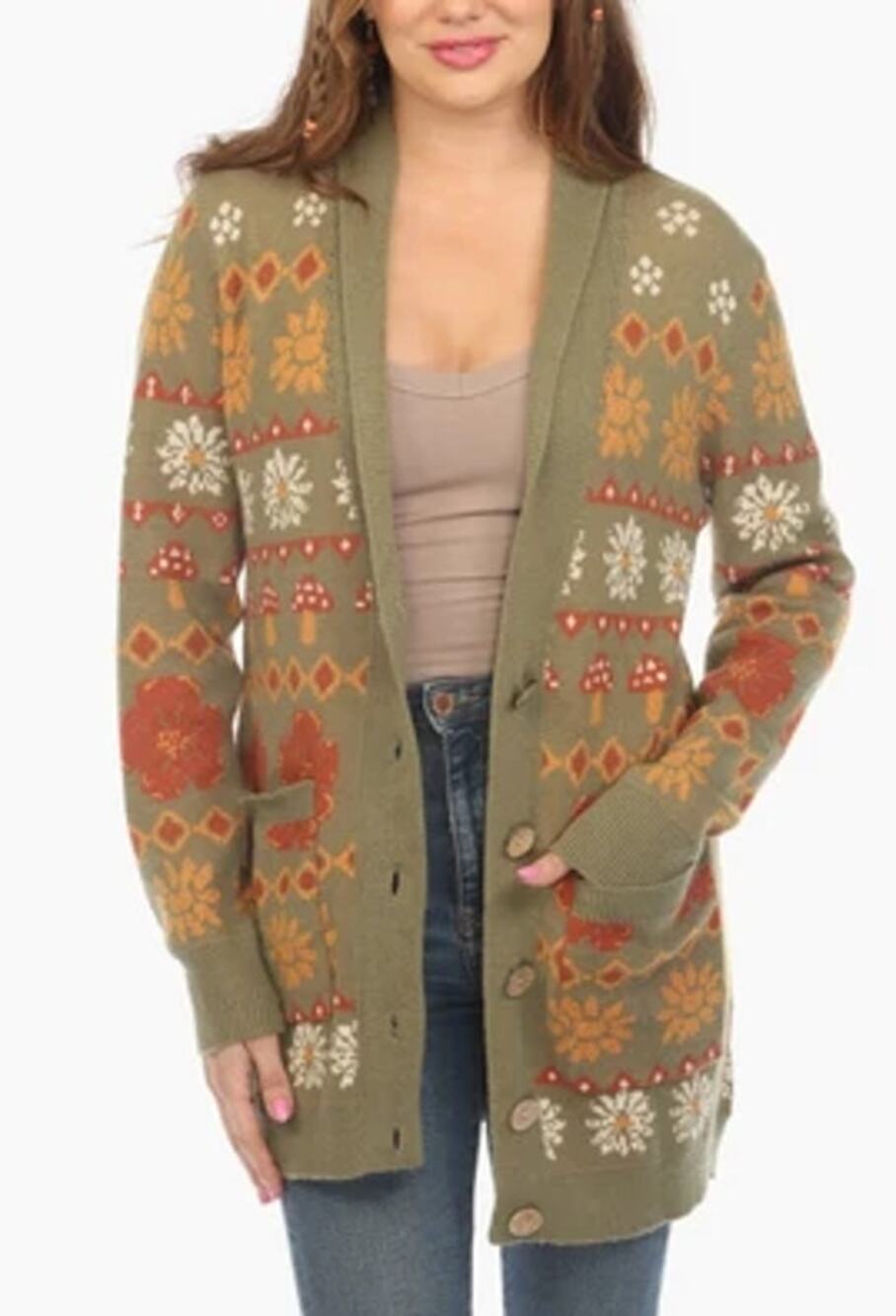 Earthbound Green Boho Fair Isle Knit Sweater Cardigan Women's XL Fall Mushroom